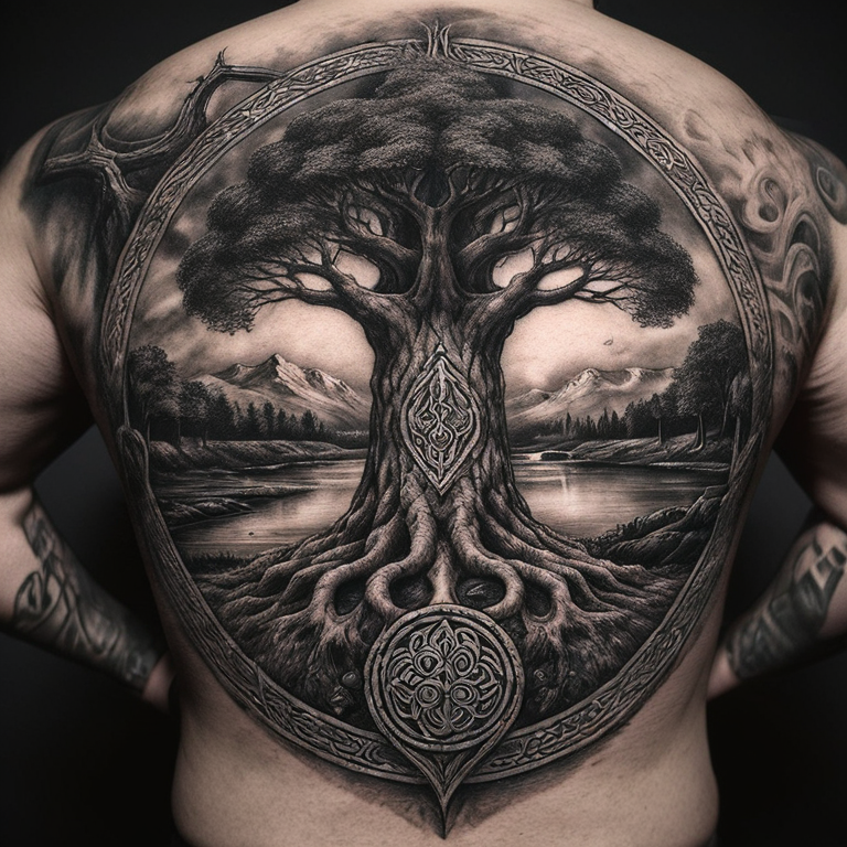 tatouage yggdrasil noeuc celtique algiz sowilo monochrome-tattoo