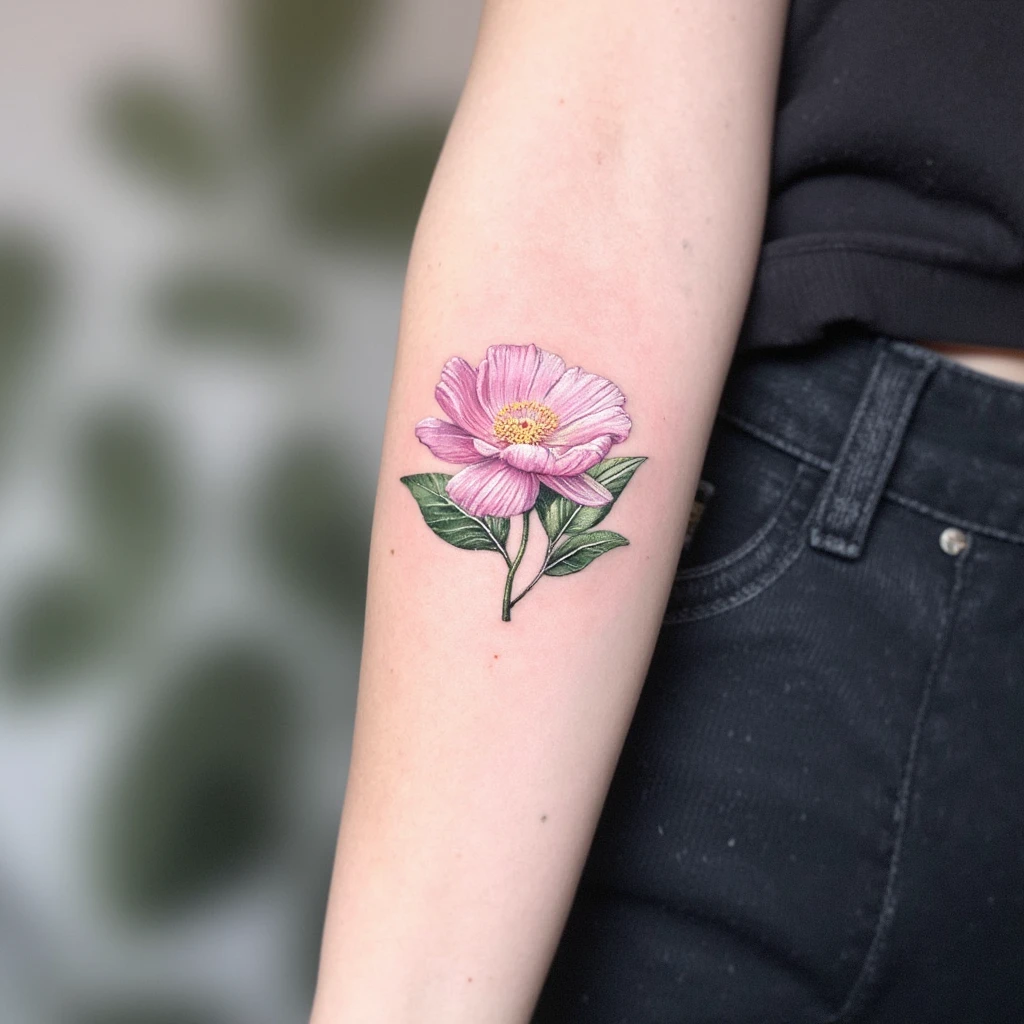 Grosse pivoine au trait fin avec léger feuillage et quelques perles ornementaled-tattoo