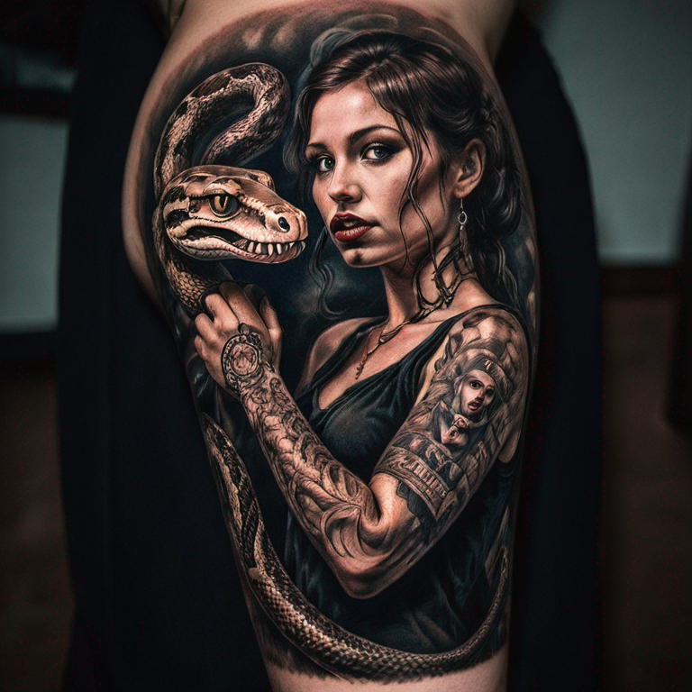 Beautiful girl with a venomous snake-tattoo