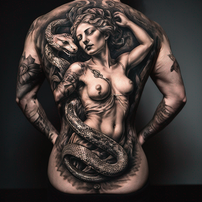 Serpent enroulées autour du corps d'une statue de femme-tattoo