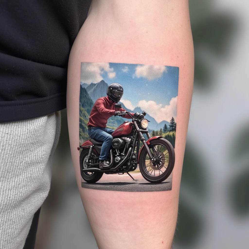 motorcycle ,paysage , texte-tattoo