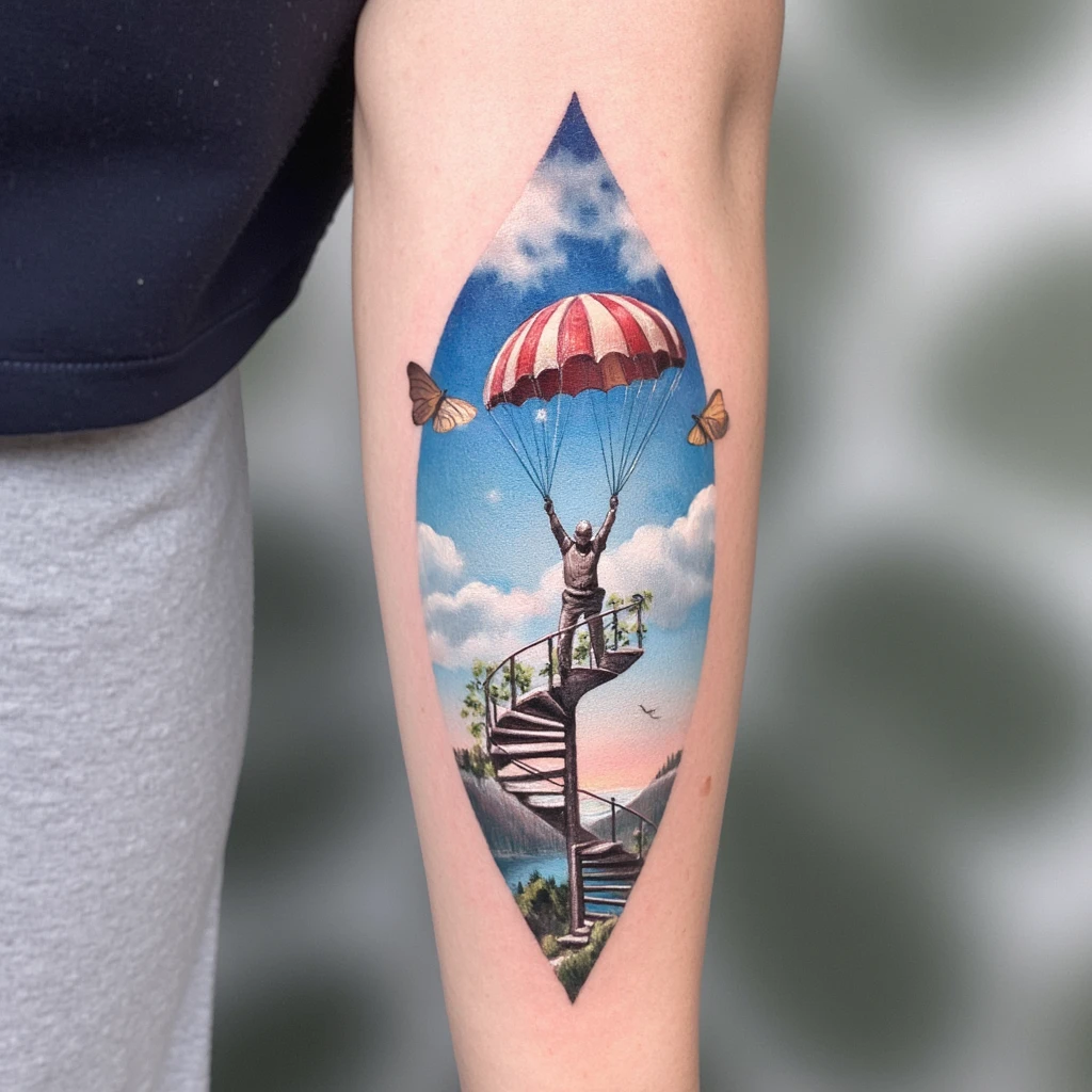 le tatouage représente un parachute et un escalier. Le prachute est en haut de l'escalier.-tattoo