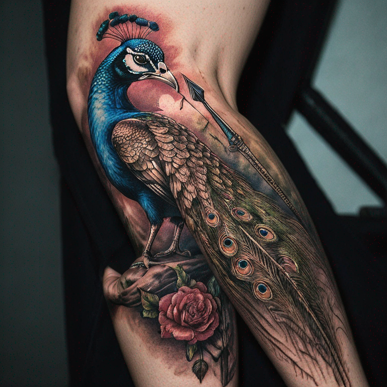 Peacock feather tied up with a shaft of an arrow and has a hidden violin-tattoo