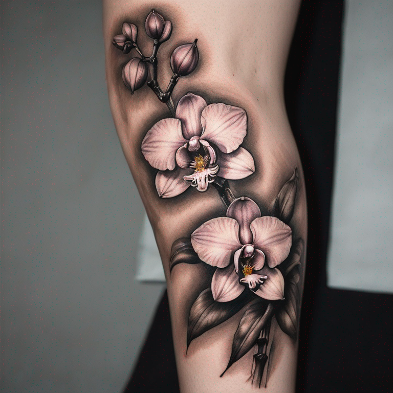 Tatouage sur la cheville  d'une branche d'orchidée longue, fine et élégante-tattoo