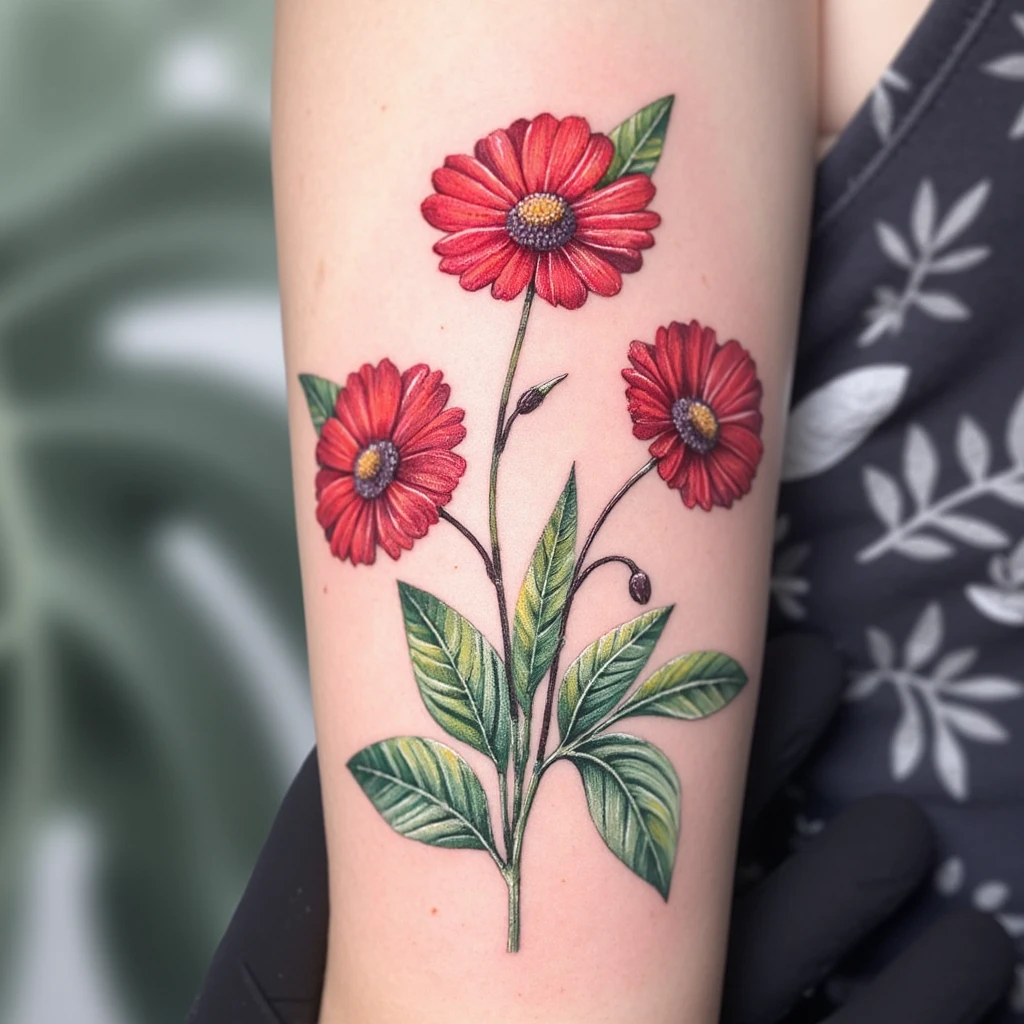 tataouage rouge de deux à trois boules d'hortensia avec un total de 12 fleur d'hortensia, 10 feuilles, environ 20 cm-tattoo