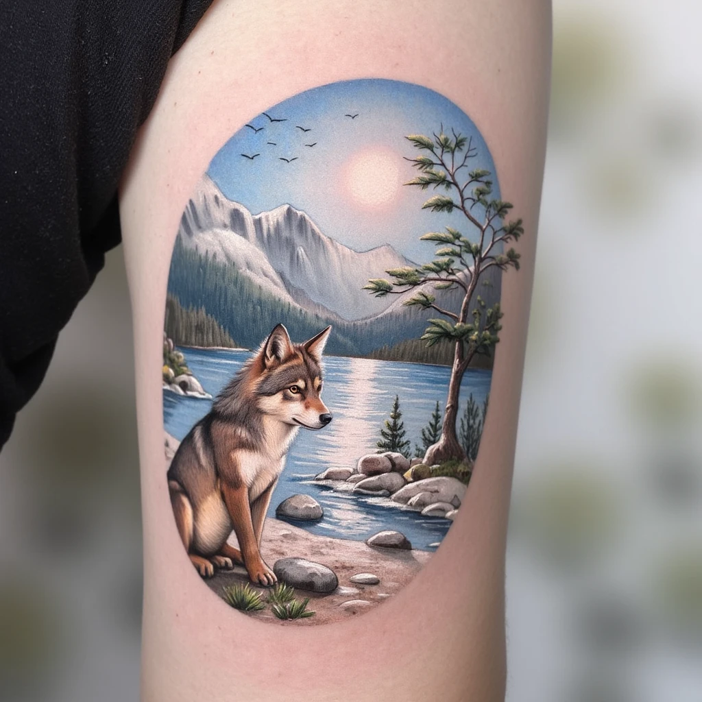 Loup qui médite avec épée posée au sol dans un paysage enneigée-tattoo