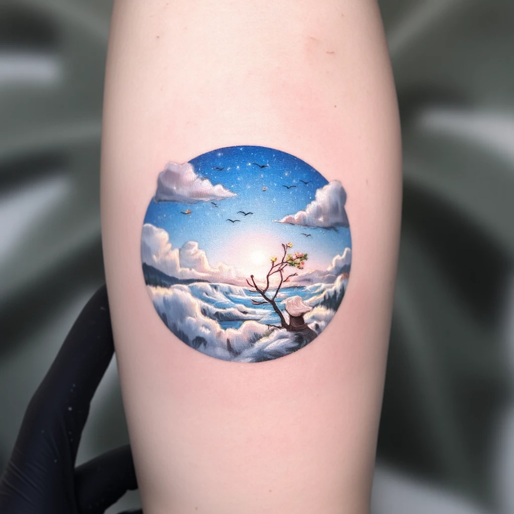 un tatouage englobé de nuages avec un soleil levant-tattoo