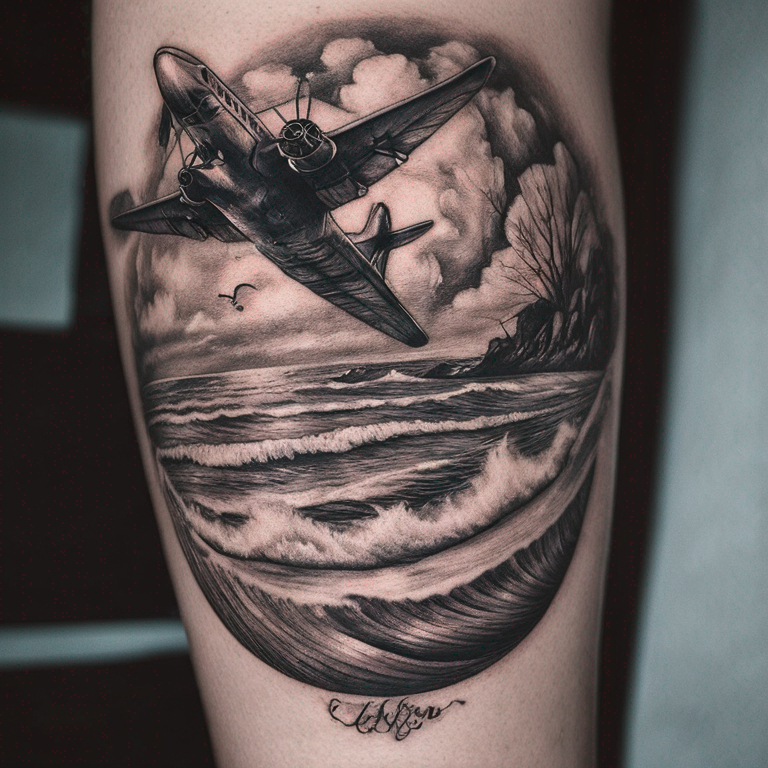 avion de papel con playa de destino y el signo infinito-tattoo