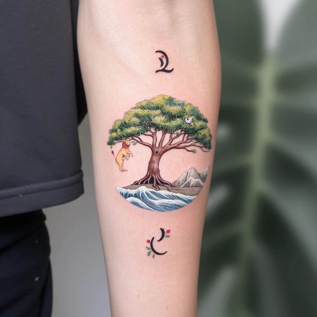 un arbre de vie avec le signe astrologique lion et sagittaire ainsi que la lettre L et la lettre J-tattoo