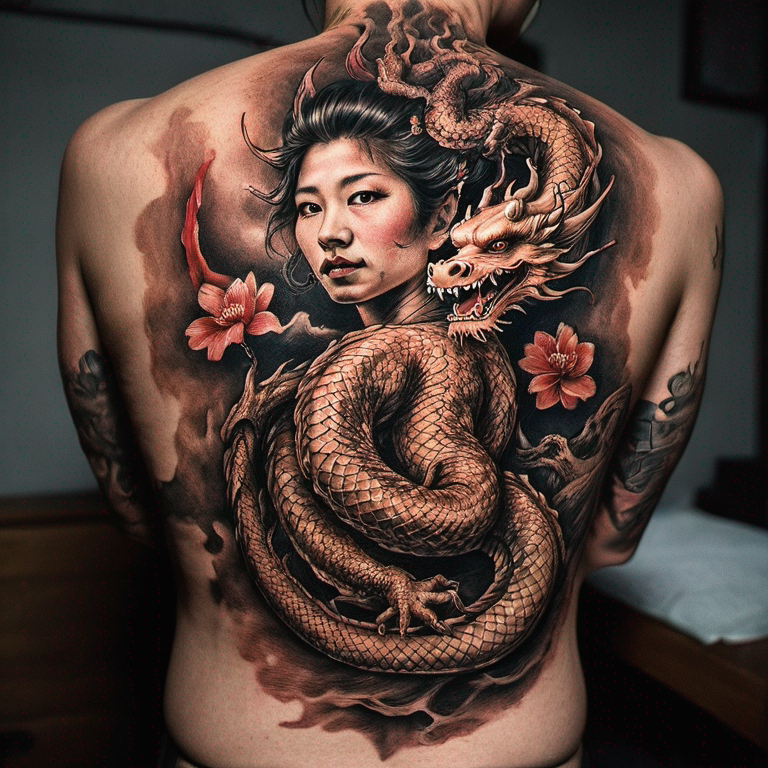 J'aimerais un dragon japonais unique pour femme, je le positionnerai sur mon dos, il doit être beau et montrer qu'il a vécu une histoire-tattoo