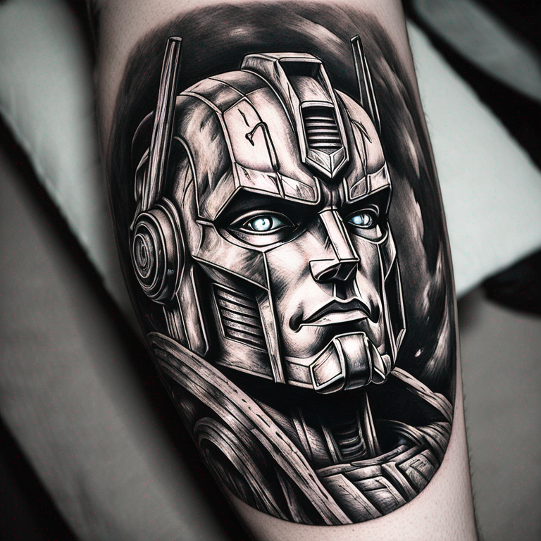 optimus prime des transformers en mode comics en noir et blanc avec en fond une sorte de grosse griffe en fond-tattoo