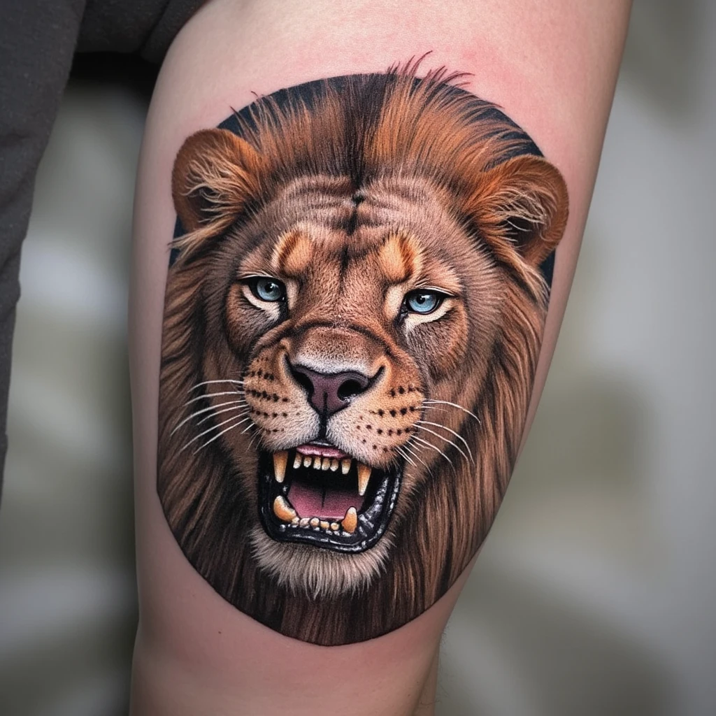 Vieux lion agressif avec des cicatrices de face-tattoo