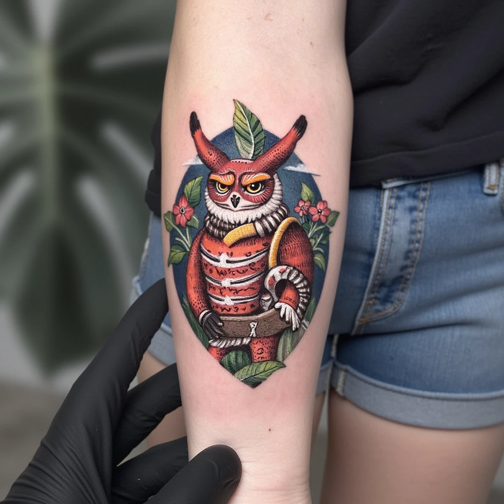 buho con el fondo de un tribal-tattoo