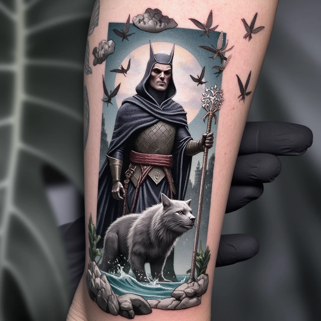 tatuagem de um mago controlando um exercito de caveiras e uma neblina de almas-tattoo