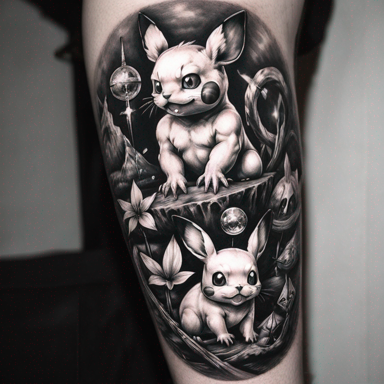 tatuaje de pokemon en blanco y negro-tattoo