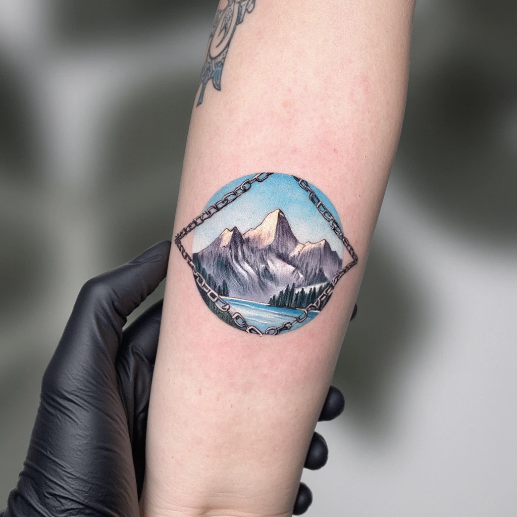 tatouage tribal avec deux brassard sur l'avant bras avec une chaine de montagne entre les deux en noir et blanc-tattoo