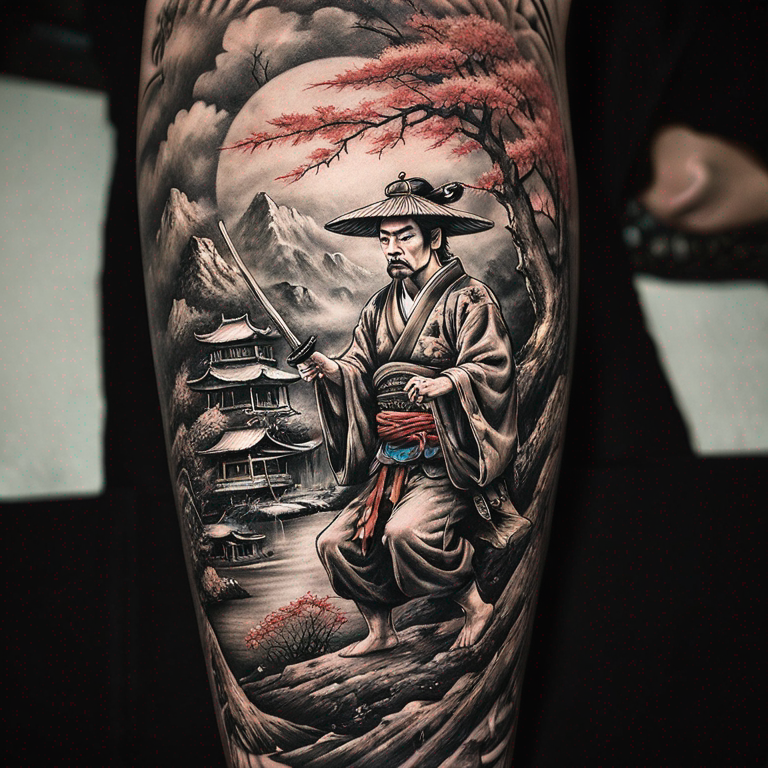 samurai y geisha abrazados en paisaje japones-tattoo