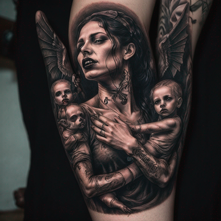 demonios y ángeles luchando, estilo gótico pero femenino-tattoo