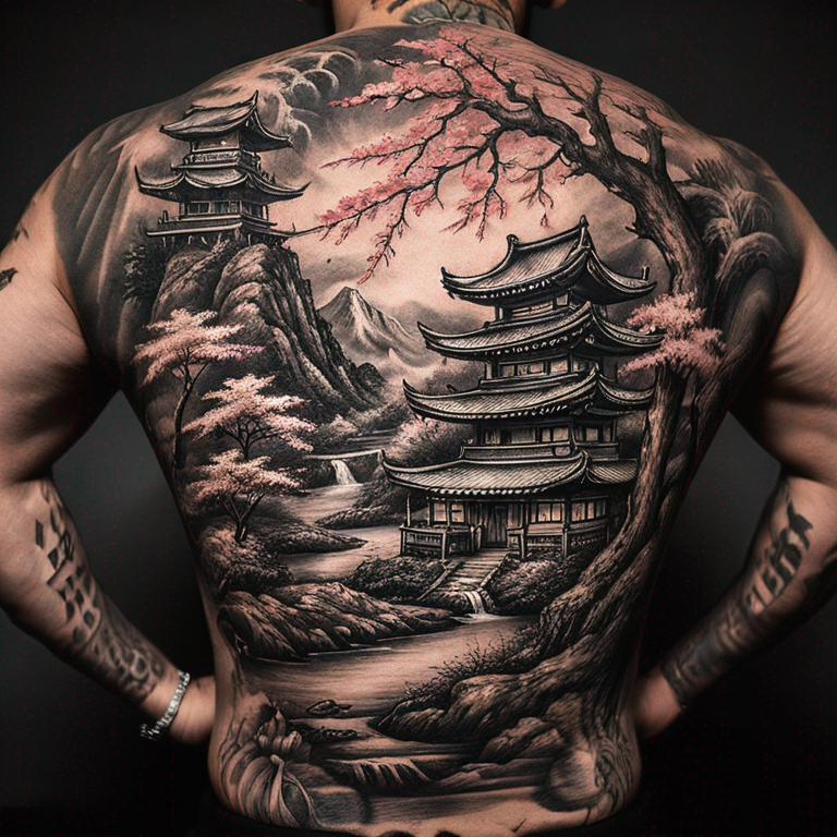 samurai + geisha abrazados en paisaje japones-tattoo