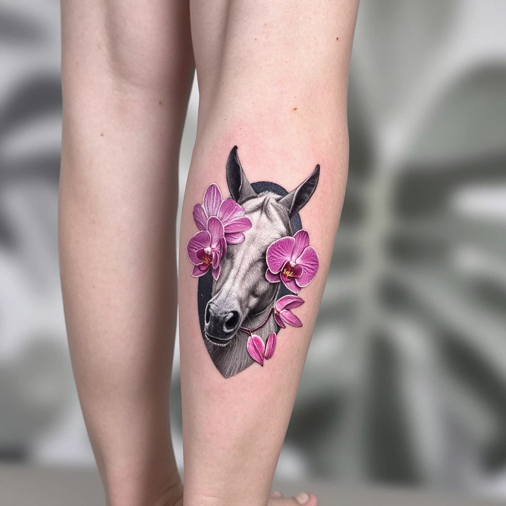 une orchidée avec une tête de cheval-tattoo