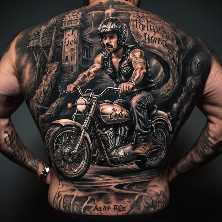 Chico en moto con curvas al fondo. IT's just a ride en letras bajo la moto-tattoo