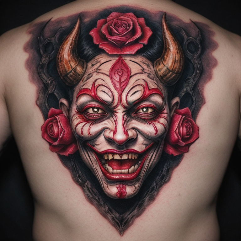 le sourrire du masque oni avec deux rose qui se croise sans les tiges qui servent comme yeux-tattoo