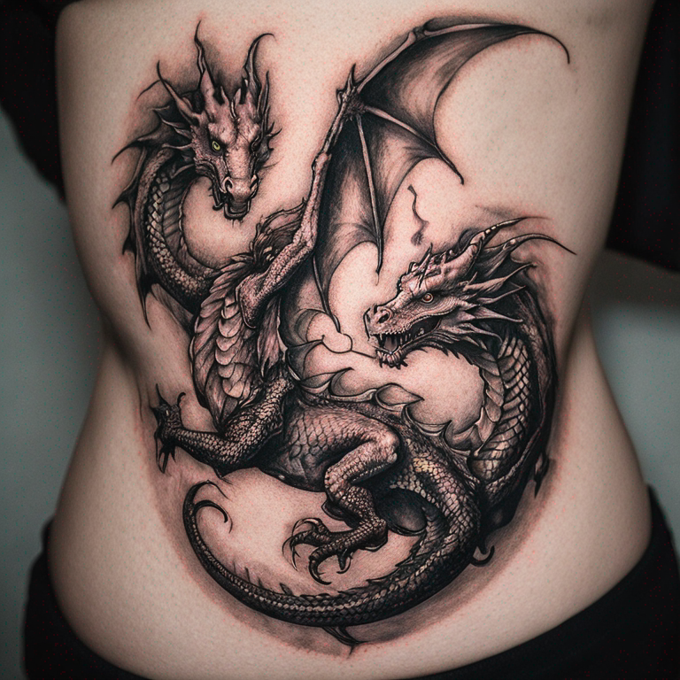 two dragons flying minimalist womans rib-tattoo