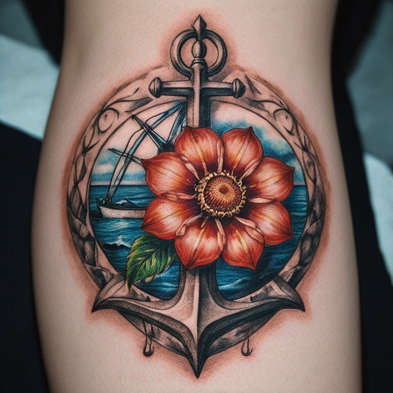 fleur passiflore entrelacée autour de la boussole et de l'ancre-tattoo