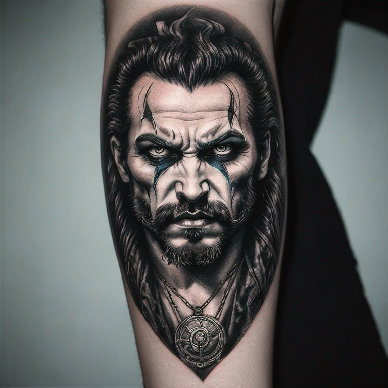 lobo com um risco no olho,lua,pinheiros-tattoo