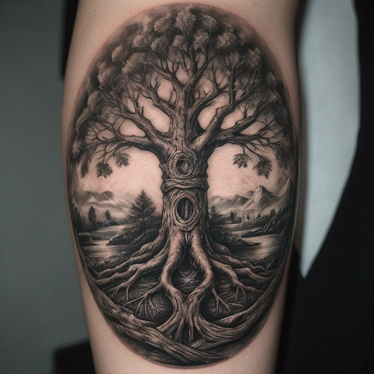 arbre de vie avec majuscules C et M dans les racines et les majuscules A et J dans les branches-tattoo