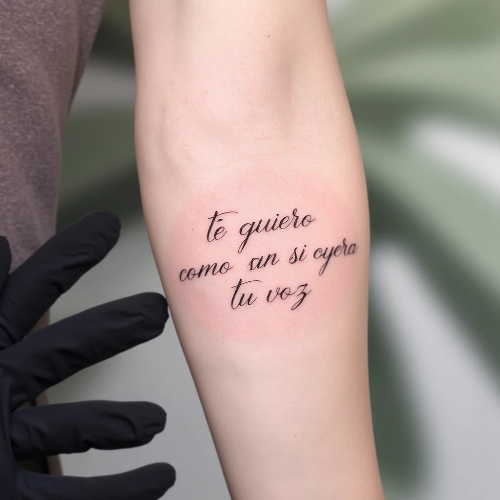 letra cursiva que ponga "te quiero como si aun oyera tu voz" en pequeño y en dos líneas-tattoo