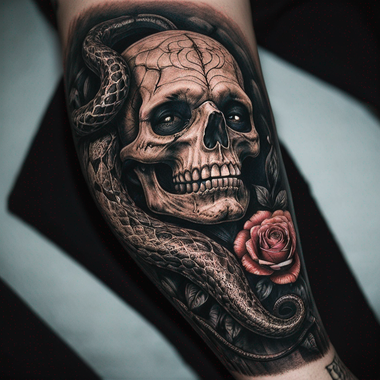 una manga en el brazo con pequeños tatuajes, como araña, serpiente, calavera y corazon-tattoo