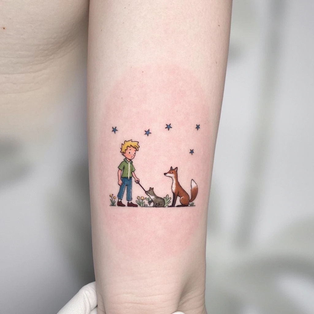 Le petit prince avec le renard . En noir et blanc . En trait fin , sans remplissage.-tattoo