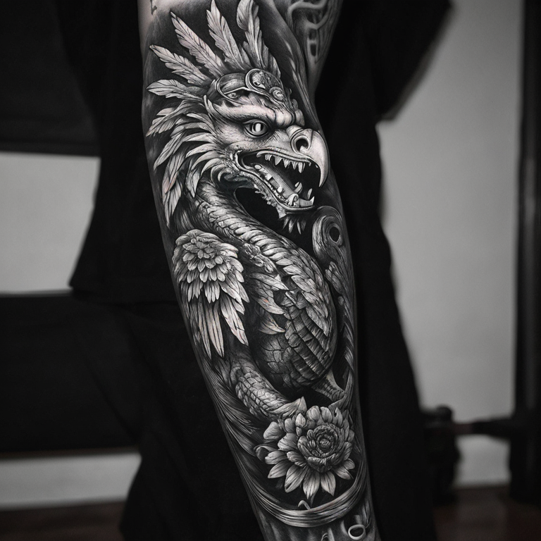 tattoo blanco y negro  quetzalcoatl psicodelico-tattoo