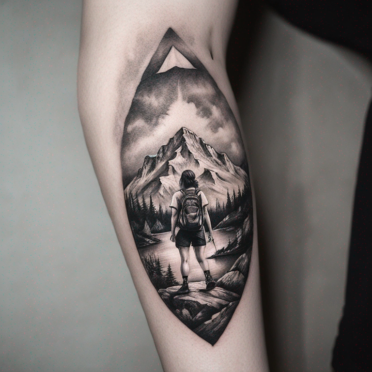 A small minimalist tattoo for hand in which a girl with backpack observing a mountain-tattoo