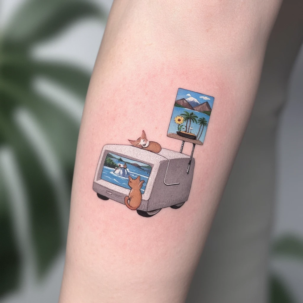 tatoauge minimaliste avec un ancien Macintosh avec un chaton se cachant derrière-tattoo