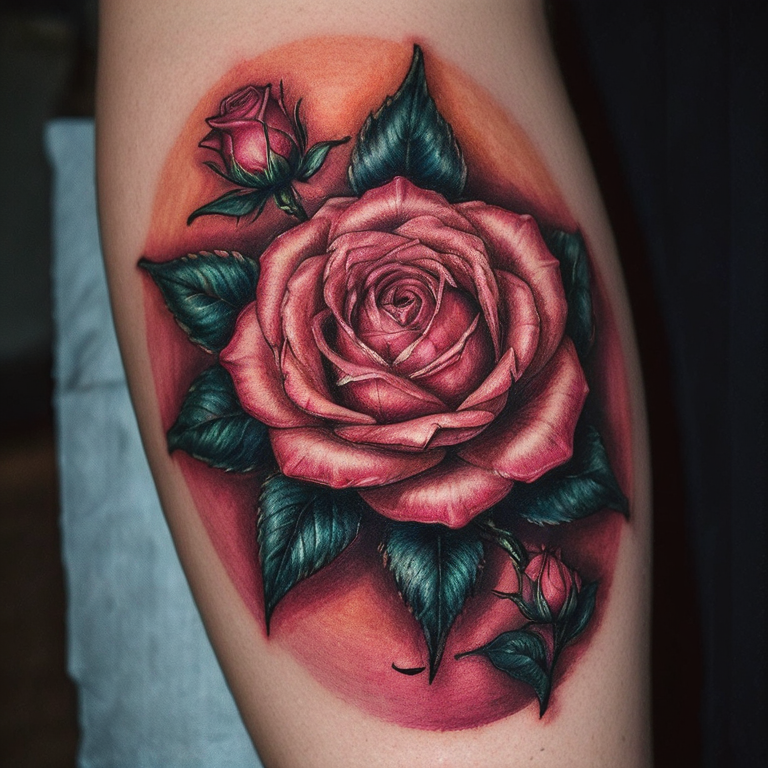 un soleil souriant entouré de 8 pétales de rose-tattoo