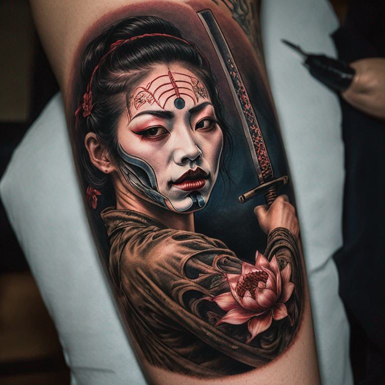 rostro de mujer oriental usando una máscara Hannya rota o en secciones, en composición con una katana-tattoo