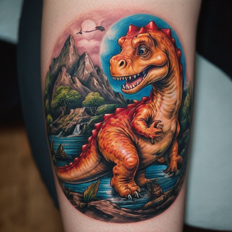 un petit dinosaure avec un kigouroumi de winie l'ourson-tattoo