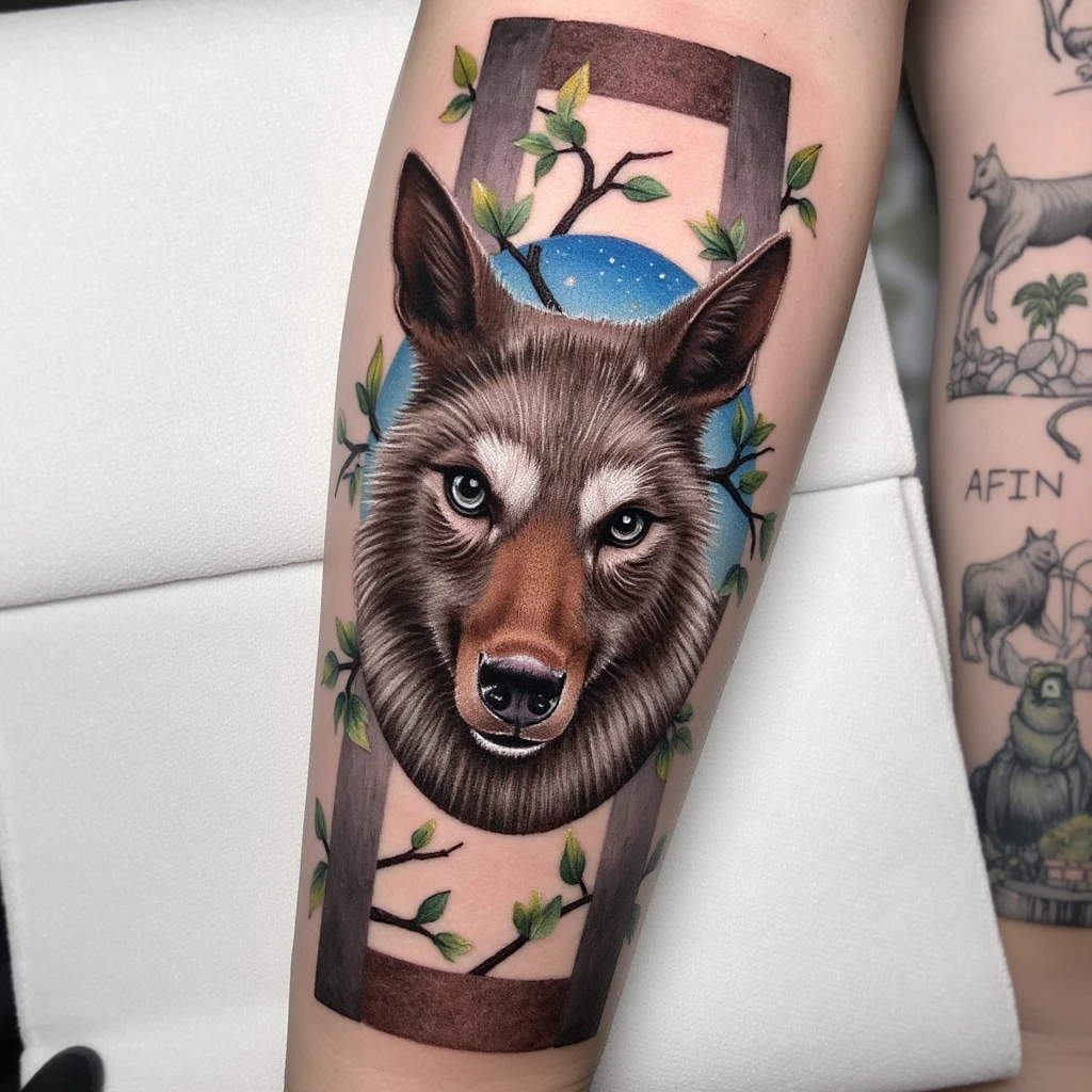 Totem hiboux cheval et loup en bois-tattoo