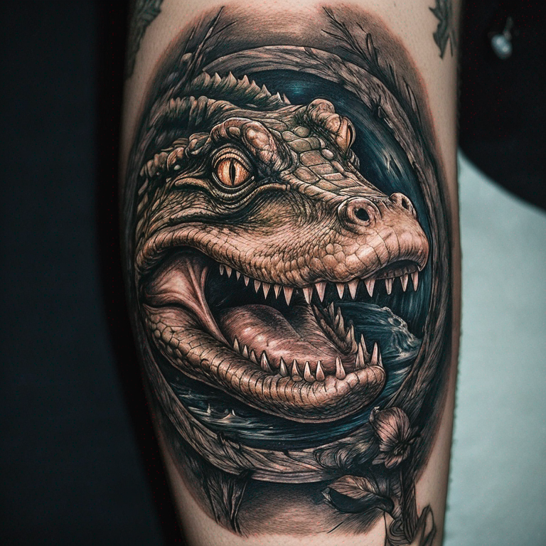 Crie uma imagem de um crocodilo saindo de dentro de um relógio-tattoo