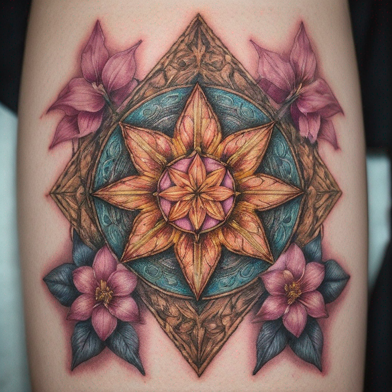 Fleur de vie + Metatron + Nombre d'or en couleur pastel fin-tattoo