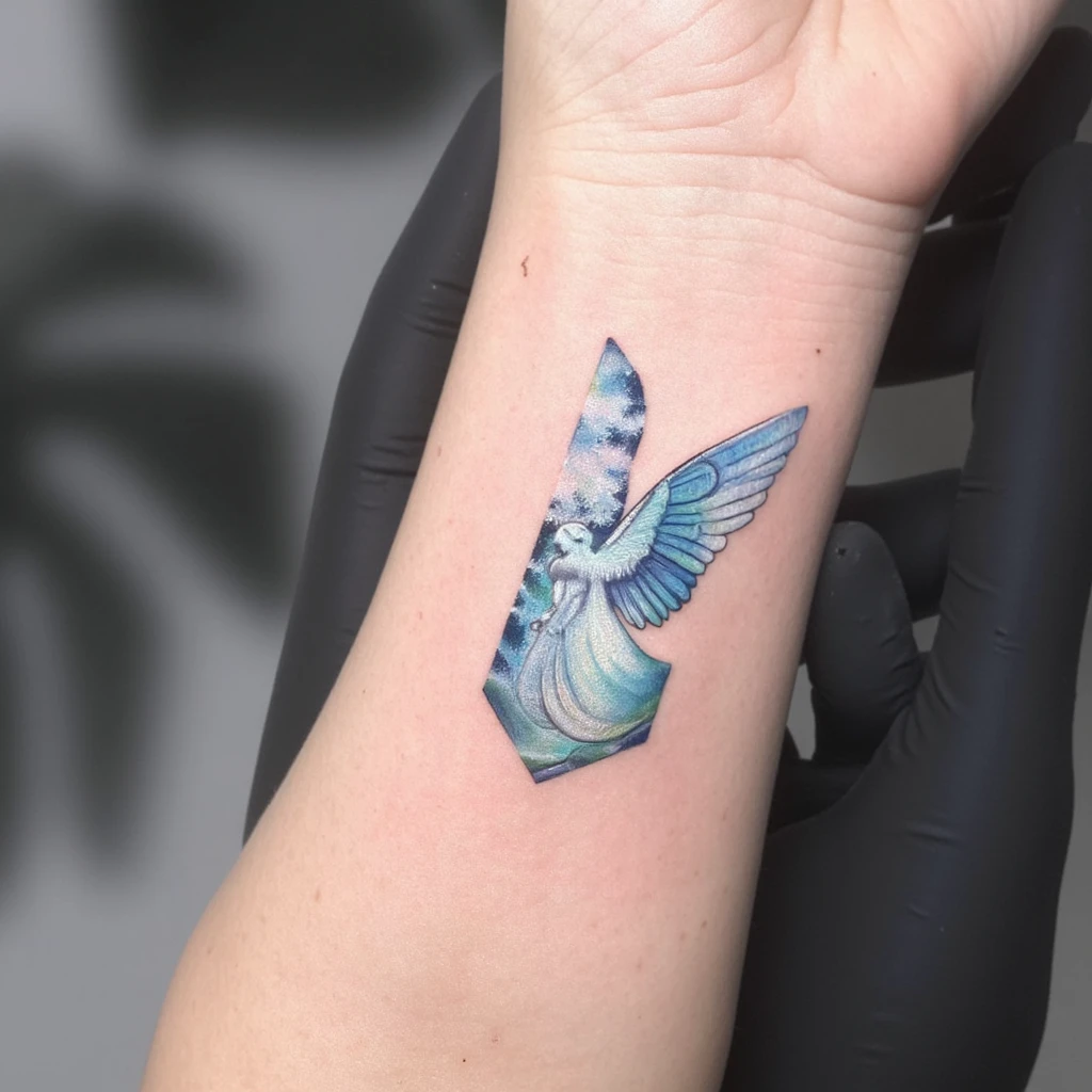 une ail d'ange fait en plume avec une pierre tombale-tattoo