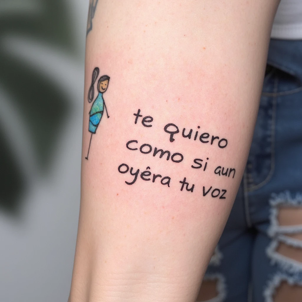 letra cursiva que ponga "te quiero como si aun oyera tu voz" en pequeño y en dos líneas-tattoo