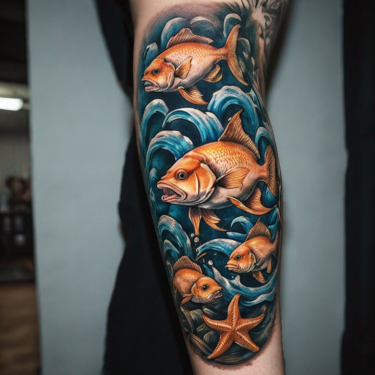 fundodo mar com corais e peixes-tattoo