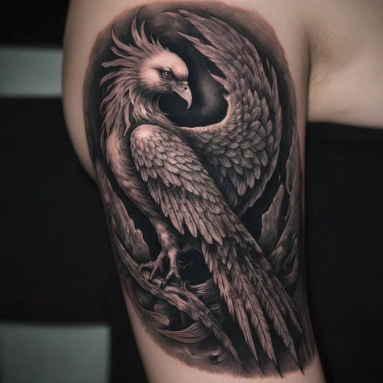 Un phoenix en noir et gris, dont les ailes épousent la forme du bras, avec des plumes partiellement brulées-tattoo