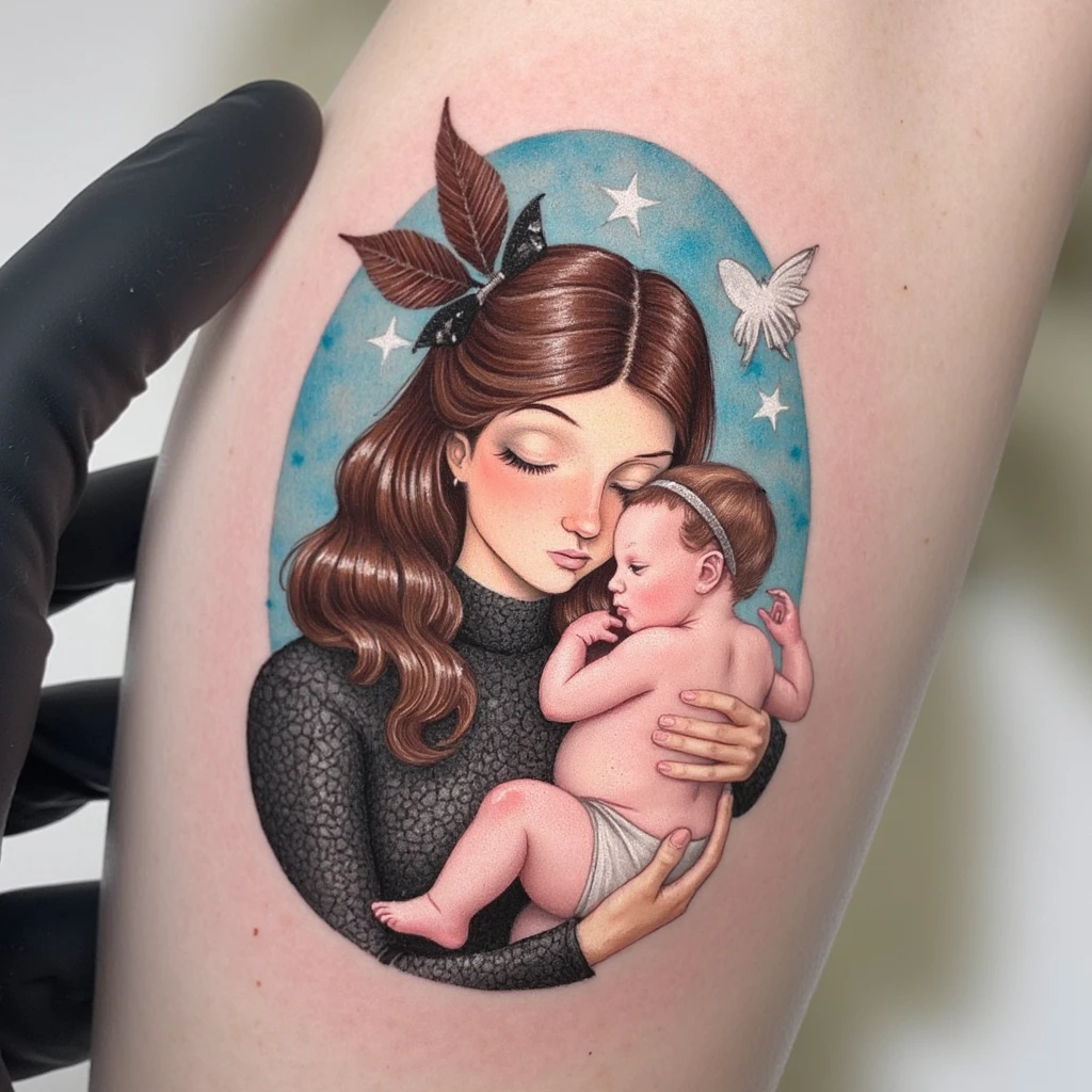 Avec des traits fins, une maman avec les cheveux attachés qui porte son bébé et fait un câlin à son aîné.-tattoo