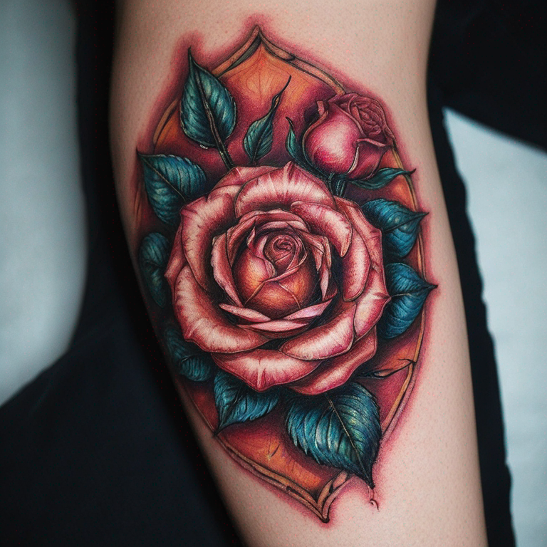 un soleil souriant entouré de 8 pétales de rose-tattoo