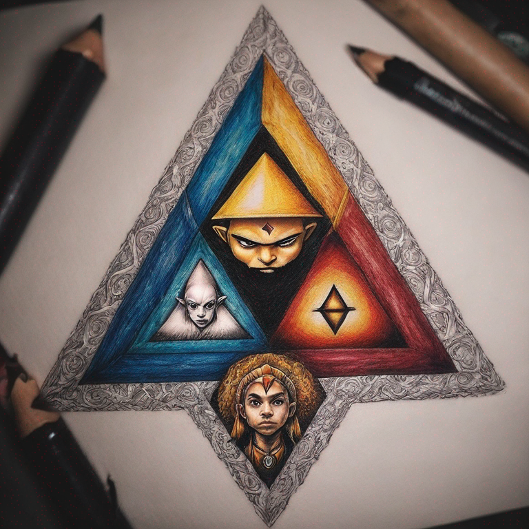 une Triforce avec dans chaque triangle un dessin de Sangohan, de Gon Freecs et de Aang-tattoo