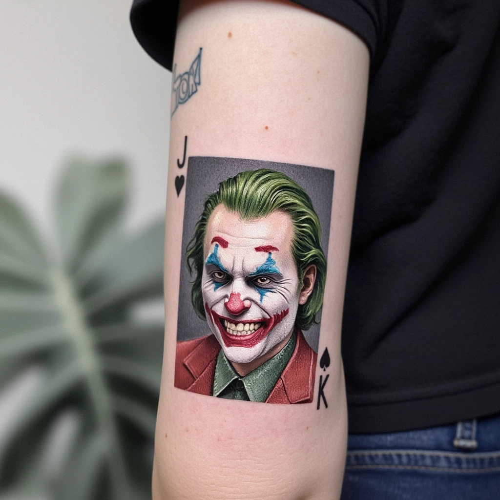 Quiero un tatuaje del joker el personaje de ficción, combinado con el joker de las cartas del poker, hecho en línea negra y que tenga elementos propios del joker como la risa hahaha-tattoo